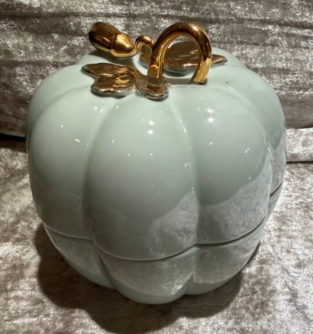 Andrea by Sadek Japan Pale Green Porcelain Pumpkin Gold Vine Handle Jewelry Box